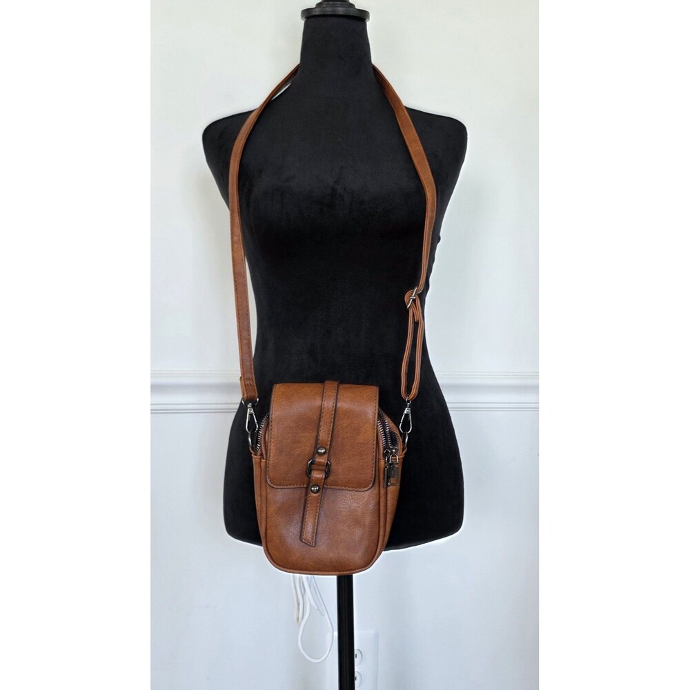 Cognac Brown Small Crossbody Organizer Bag Multi Pocket Adjustable Strap